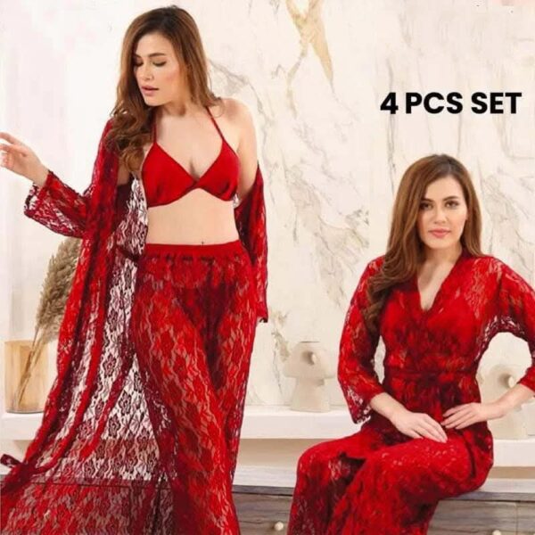 Elegant Sleepwear for Brides 4-Piece Bridal Night Dress Set in Maroon, Pink, and Black